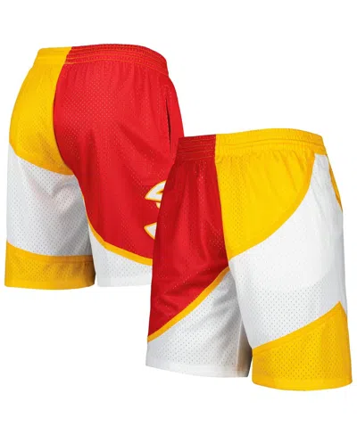 MITCHELL & NESS MEN'S MITCHELL & NESS RED, YELLOW ATLANTA HAWKS HARDWOOD CLASSICS 1986 SPLIT SWINGMAN SHORTS
