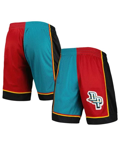 MITCHELL & NESS MEN'S MITCHELL & NESS TEAL, RED DETROIT PISTONS HARDWOOD CLASSICS 1998 SPLIT SWINGMAN SHORTS