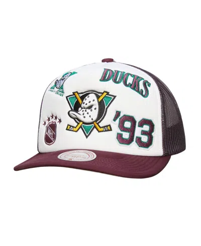 Mitchell & Ness Men's White/purple Anaheim Ducks Gridlock Trucker Adjustable Hat In Multi