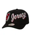 Mitchell & Ness Mitchell Ness Men's Black New Jersey Devils Busted Logo Wordmark Wrap-around Pro Pinch Adjustable Ha In Black
