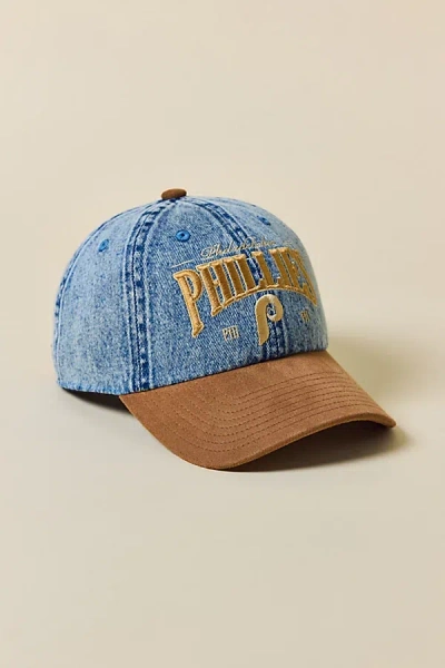 Mitchell & Ness Mlb Philadelphia Phillies Denim & Faux Suede Baseball Hat In Tinted Denim, Men's At Urban Outfitters In Blue