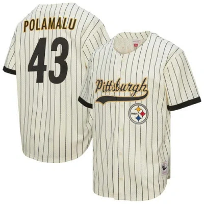 Mitchell & Ness Troy Polamalu Cream Pittsburgh Steelers Name & Number Mesh Button-up Baseball Jersey In White