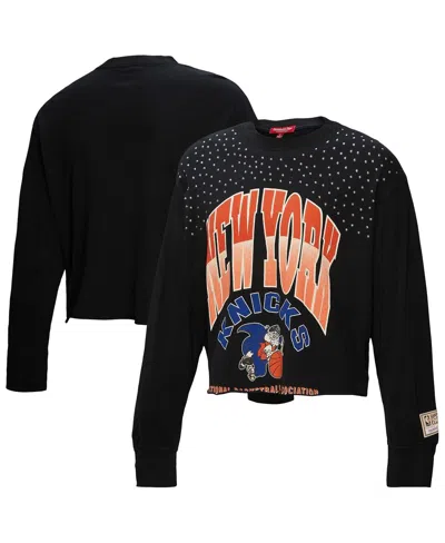 Mitchell & Ness Women's Black New York Knicks Hardwood Classics Studded Boxy Cropped Long Sleeve T-shirt