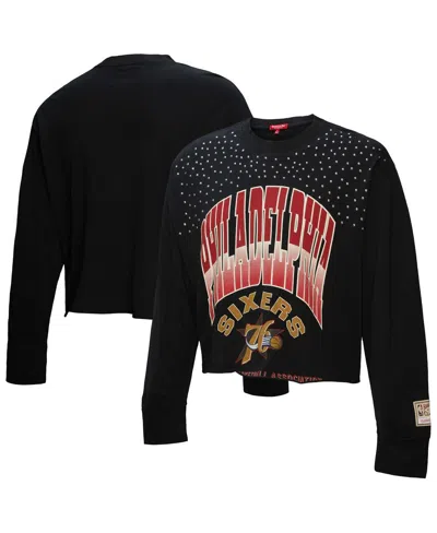 Mitchell & Ness Women's Black Philadelphia 76ers Hardwood Classics Studded Boxy Cropped Long Sleeve T-shirt