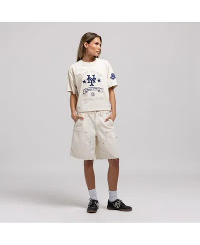 Mitchell & Ness Women's Cream New York Mets Cooperstown Yacht Rock Boxy Cropped T-shirt In Animal Print