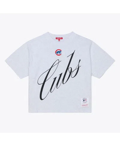 Mitchell & Ness Women's Heather Gray Chicago Cubs Script Cropped Boxy T-shirt