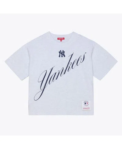 Mitchell & Ness Women's Heather Gray New York Yankees Script Cropped Boxy T-shirt