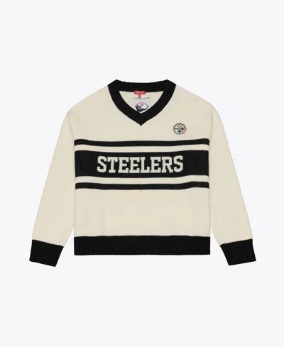 Mitchell & Ness Women's Pittsburgh Steelers Retro Roots Striped V-neck Sweater In Neutral