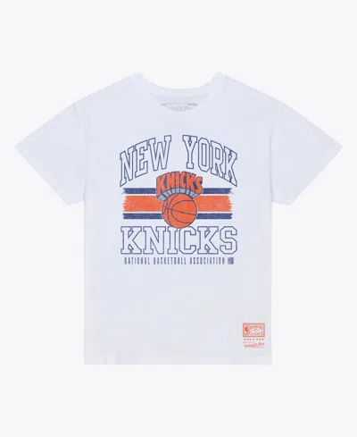 Mitchell & Ness Women's White New York Knicks Striped Logo Boxy T-shirt