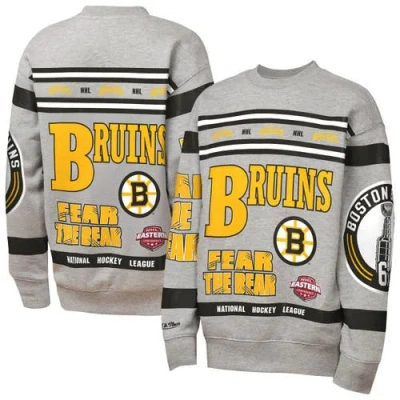 Mitchell & Ness Kids' Youth  Heather Gray Boston Bruins Allover Print Fleece Crewneck Sweatshirt