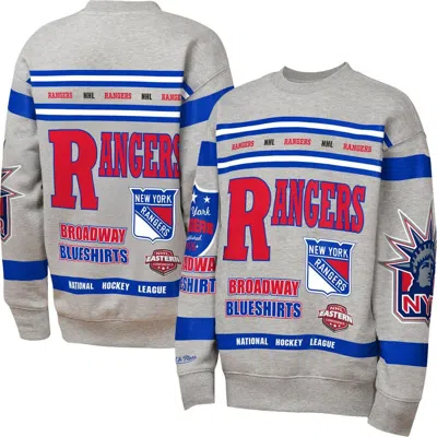 Mitchell & Ness Kids' Youth  Heather Gray New York Rangers Allover Print Fleece Crewneck Sweatshirt