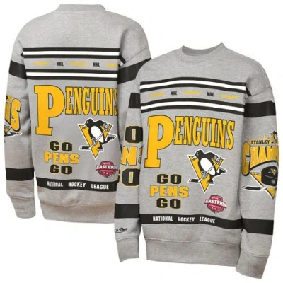 Mitchell & Ness Kids' Youth  Heather Gray Pittsburgh Penguins Allover Print Fleece Crewneck Sweatshirt