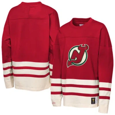 Mitchell & Ness Kids' Youth Red New Jersey Devils Chainstitch Heavyweight Long Sleeve Top In Brown