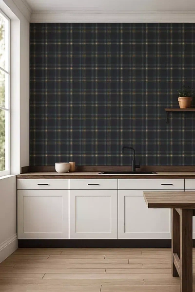 Mitchell Black Ashcroft Tartan Plaid Stripe Wallpaper In Blue