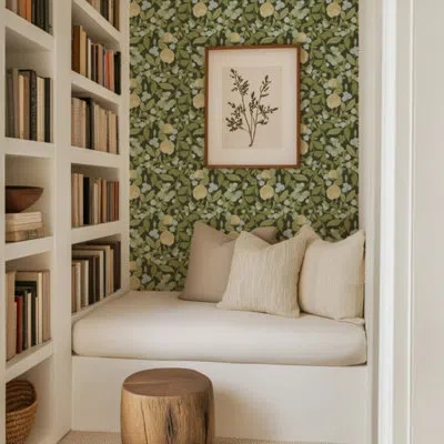 Mitchell Black Budding Grove - Deep Olive Floral Wallpaper In Multi
