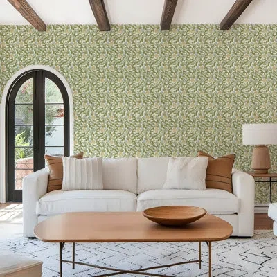 Mitchell Black Budding Grove - Vintage Linen Floral Wallpaper In Green;yellow;cream