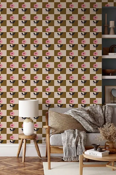 Mitchell Black Checker Charm Floral Wallpaper