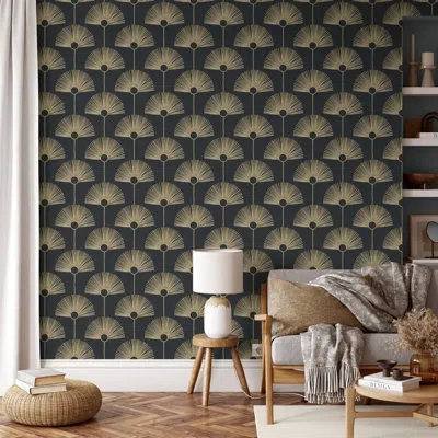 Mitchell Black Deco Fan 10' L X 24" W Wallpaper Roll In Black Gold