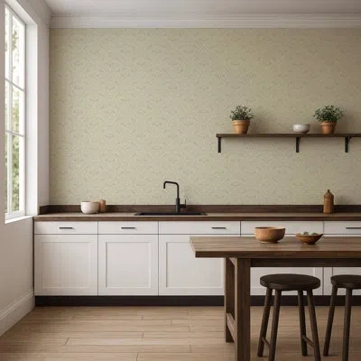 Mitchell Black Drawing Room Leaf - Linen Wallpaper In Beige;cream