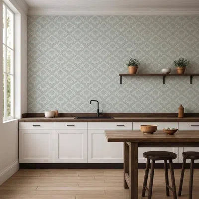 Mitchell Black Drawing Room Leaf - Platinum Wallpaper In Blue