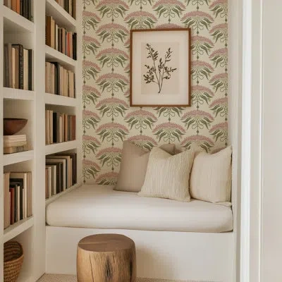 Mitchell Black Fleur De Réve - Linen Floral Wallpaper In Green;pink
