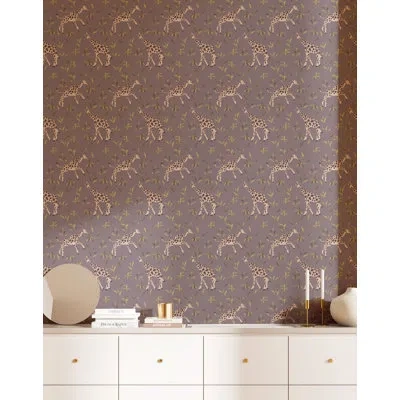Mitchell Black Gentle Giraffe Wallpaper In Grape Chartreuse