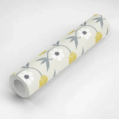 Mitchell Black Kimono Flower 10' L X 25" W Peel And Stick Wallpaper Panel In Gray,yellow,white