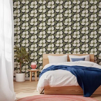 Mitchell Black Offset - Olive Linen Wallpaper In Green