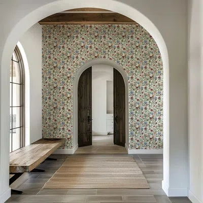 Mitchell Black Painted Flower Patch - Morning Bloom Botanical Wallpaper In Green;red;yellow;cream