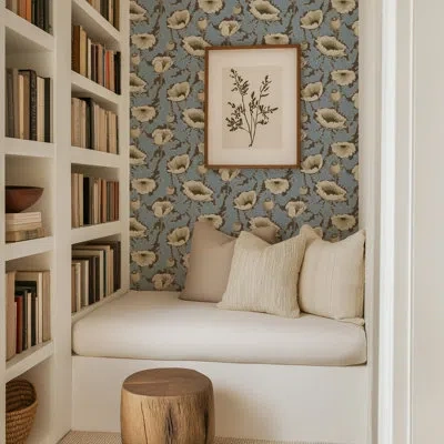 Mitchell Black Poppy Bloom - Brownstone Blue Floral Wallpaper