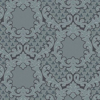 Mitchell Black Shadow Leaf Damask - Pewter Blue Wallpaper