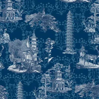 Mitchell Black The Signature Pagoda Toile 10' L X 24" W Wallpaper Roll In Midnight