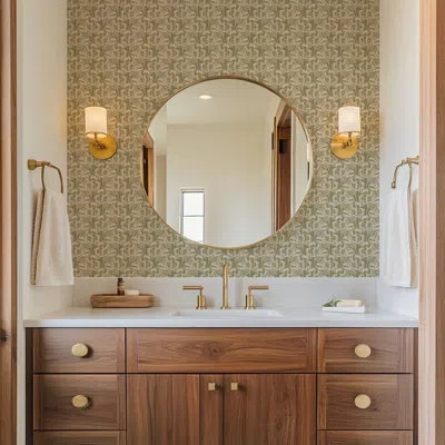 Mitchell Black Thorn & Blossom - Pale Eucalyptus Floral Wallpaper In Green;tan