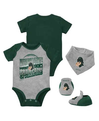 Mitchell & Ness Baby Boys And Girls Green/heather Gray Michigan State Spartans 3-pack Bodysuit, Bib And Bootie Set
