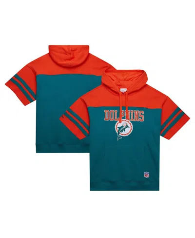 Mitchell & Ness Men's Aqua Miami Dolphins Off Field Vintage-like Logo Short Sleeve Pullover Hoodie