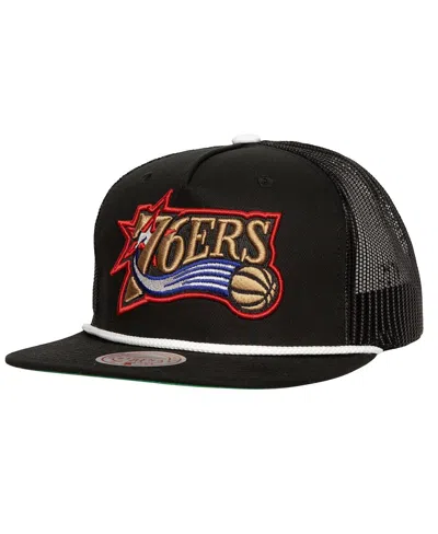 Mitchell & Ness Men's Black Philadelphia 76ers Roper Meshback Trucker Snapback Hat