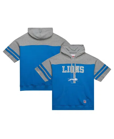 Mitchell & Ness Men's Blue Detroit Lions Off Field Vintage-like Logo Short Sleeve Pullover Hoodie