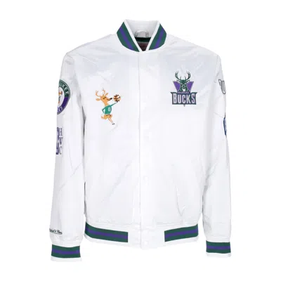 Mitchell & Ness Men's Bomber Jacket Nba Hometown Lw Satin Jacket Hardwood Classics Milbuc White