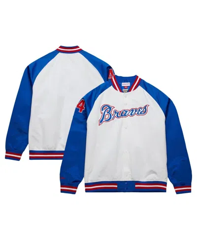 Mitchell & Ness Men's Hank Aaron White/royal Atlanta Braves Cooperstown Collection Legends Lightweight Satin Raglan In White,royal