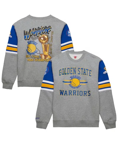 MITCHELL & NESS MEN'S HEATHER GRAY GOLDEN STATE WARRIORS HARDWOOD CLASSICS ALL OVER 4.0 PULLOVER SWEATSHIRT