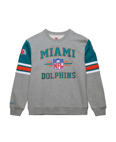 Mitchell & Ness Men's Heather Gray Miami Dolphins All Over 4.0 Vintage Logo Pullover Sweatshirt