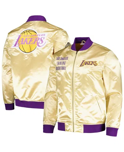 MITCHELL & NESS MEN'S MITCHELL & NESS GOLD DISTRESSED LOS ANGELES LAKERS TEAM OG 2.0 VINTAGE-LIKE LOGO SATIN FULL-ZI