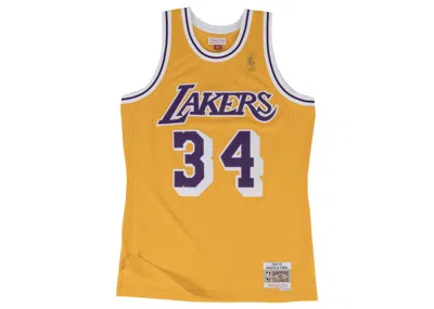 Pre-owned Mitchell & Ness Men's  Los Angeles Lakers Home 199697 Shaquille O'neal Swingman Jersey In Light Gold