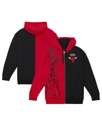 Mitchell & Ness Men's Red/black Chicago Bulls Color Block 2.0 Fleece Full-zip Hoodie