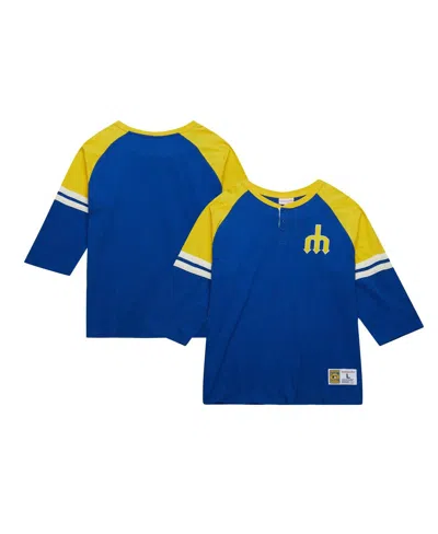 Mitchell & Ness Men's Royal Seattle Mariners Cooperstown Collection Legendary Raglan Slub Henley 3/4-sleeve T-shirt In Blue