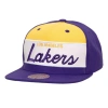 MITCHELL & NESS MITCHELL & NESS WHITE/PURPLE LOS ANGELES LAKERS RETRO SPORT COLOR BLOCK SCRIPT SNAPBACK HAT