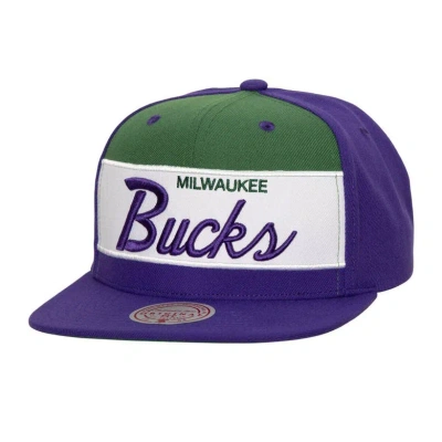 Mitchell & Ness Men's  White, Purple Milwaukee Bucks Retro Sport Colorblock Script Snapback Hat In White,purple