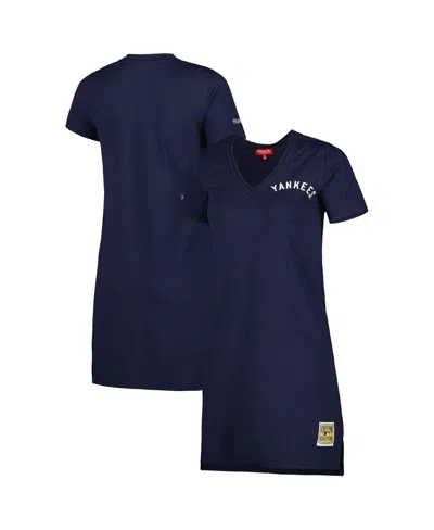 MITCHELL & NESS WOMEN'S MITCHELL & NESS NAVY DISTRESSED NEW YORK YANKEES COOPERSTOWN COLLECTION V-NECK DRESS