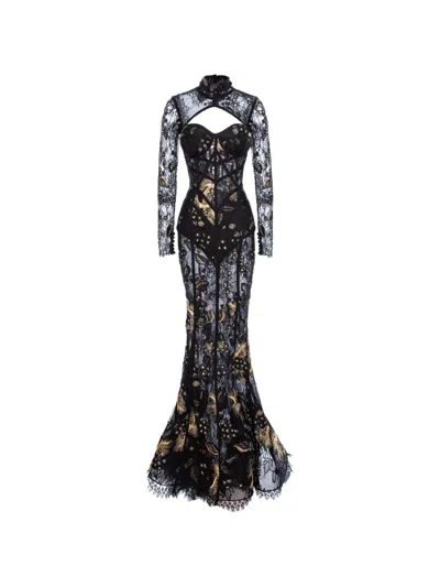 Mitiliane Couture Embroidered Lace Maxi Dress In Black