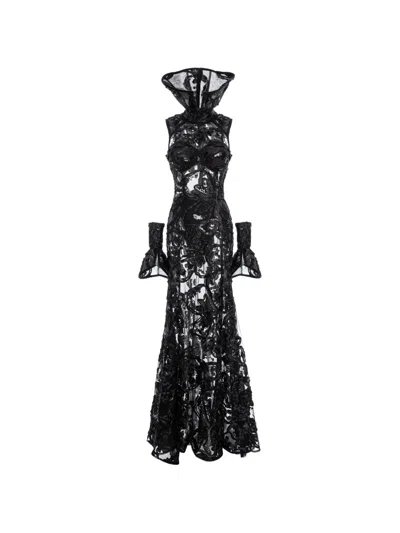 Mitiliane Couture Orchid-embroidered Maxi Dress In Black